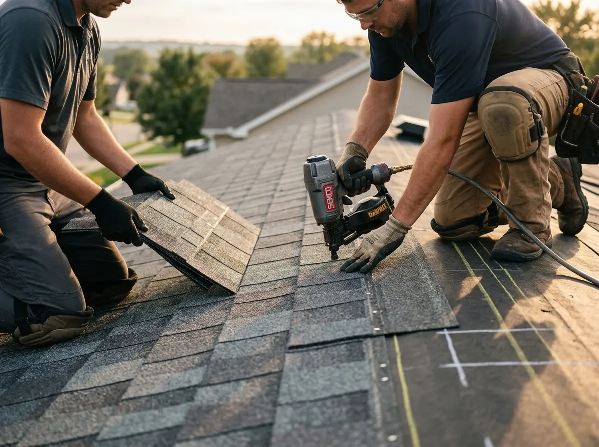 Professional roofer working on a residential roof in Horseshoe Bay